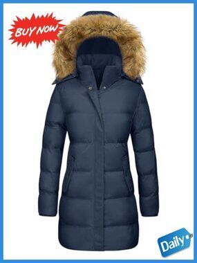 Winter Puffer Coat Quilted Parka Detachable Faux Fur Hood Slim Fit